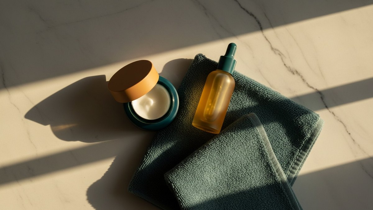 Crème visage, sérum et serviette disposés sur un marbre clair