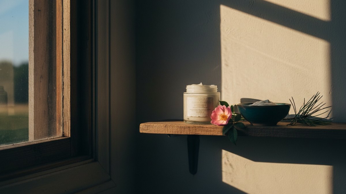 Pot de crème, bol de yaourt, rose sauvage et aiguilles de pin sur une étagère