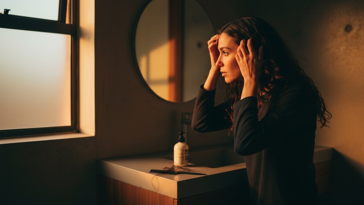 Femme observant sa raie et sa ligne frontale devant le miroir de sa salle de bain