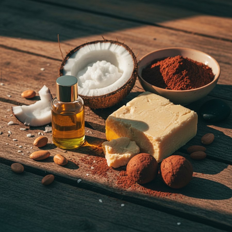 Ingredientes naturales como aceite de argán, coco, manteca de karité y arcilla