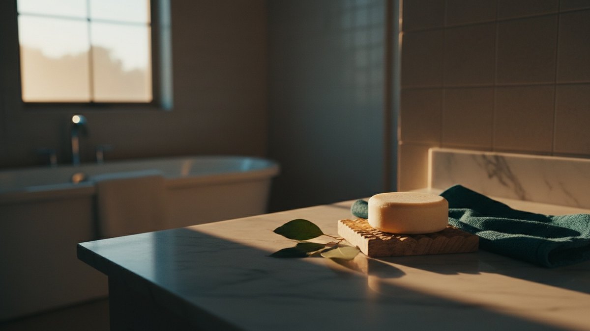 Shampoing solide posé sur une savonnette en bois avec des feuilles vertes