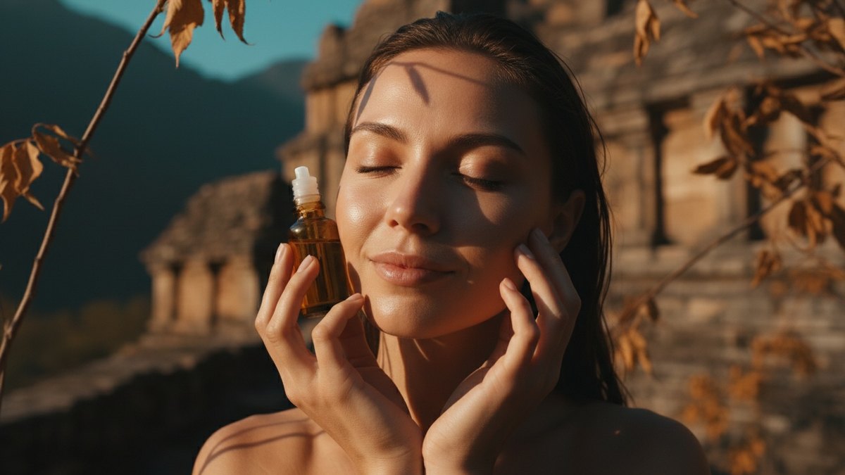 Femme à la peau éclatante tenant un flacon de sérum