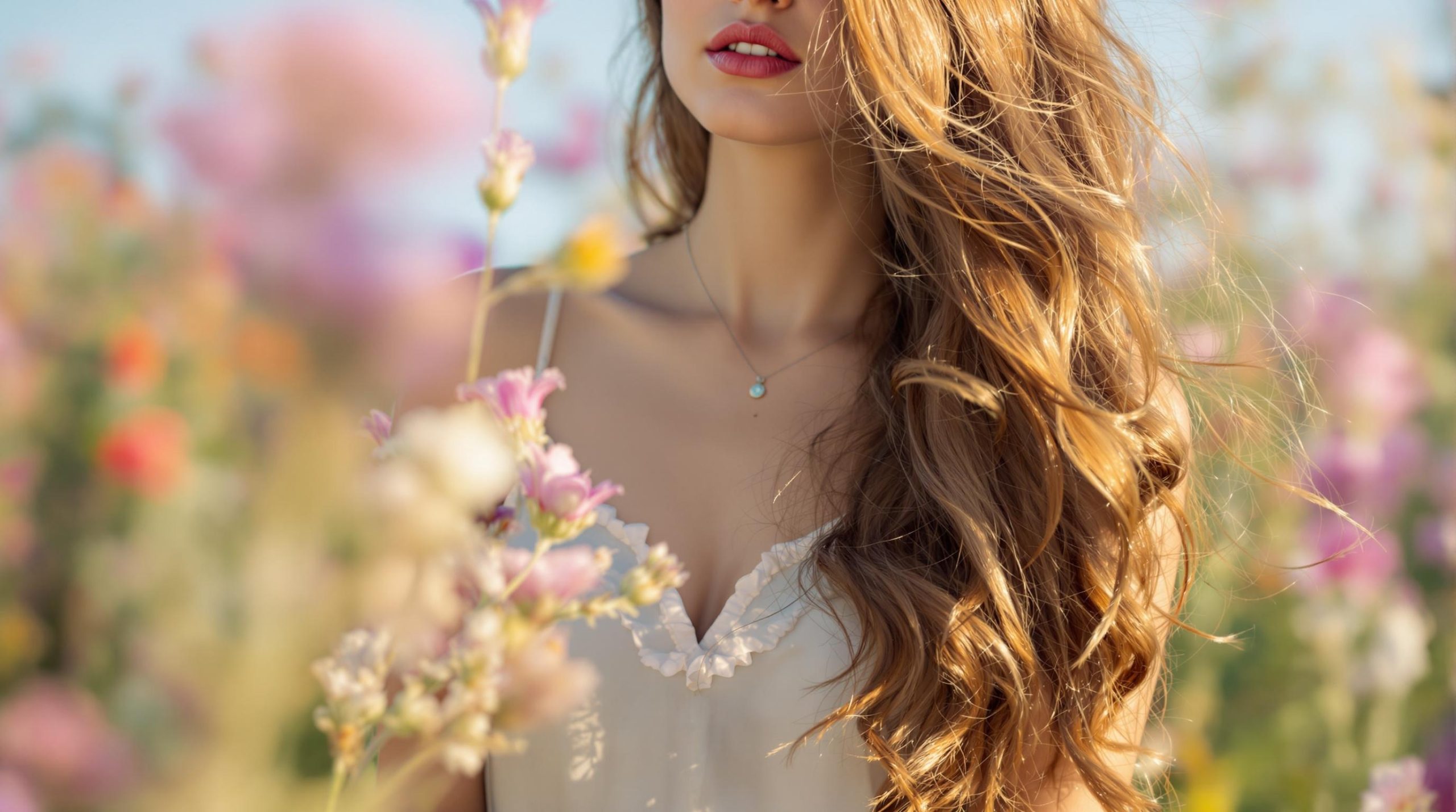 Femme aux cheveux ondulés bruns, portant un collier, dans un champ de fleurs floues.