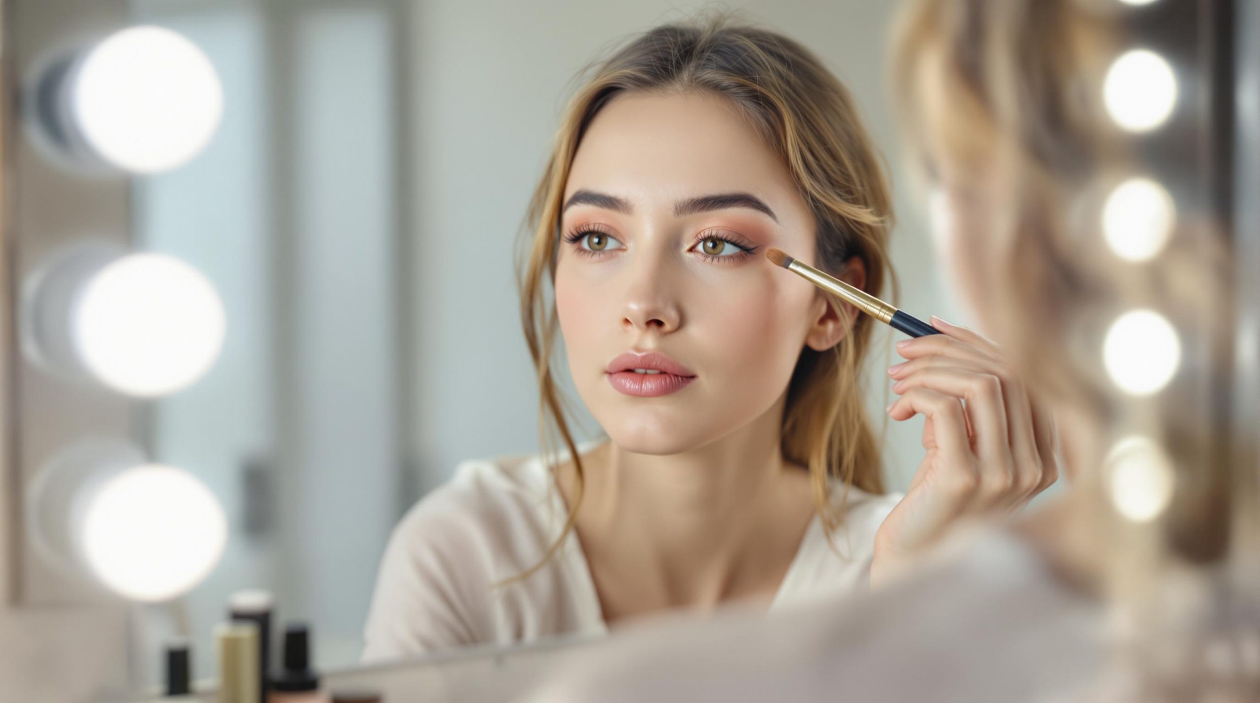 Femme se maquillant devant un miroir éclairé, tenant un pinceau près de son œil.