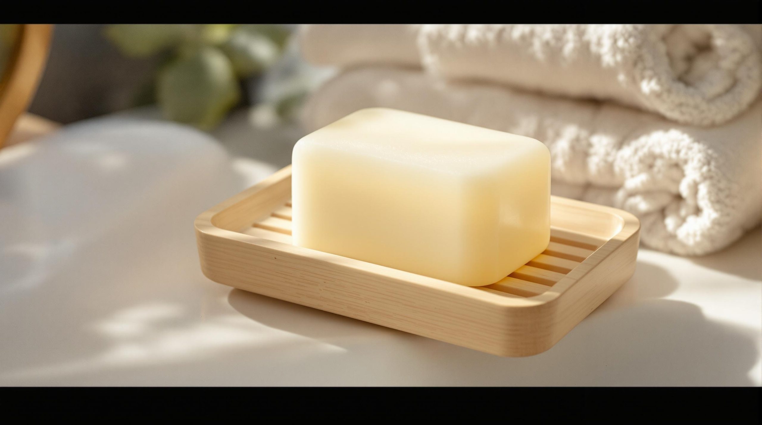 Savon solide posé sur un porte-savon en bois, avec des serviettes blanches en arrière-plan.